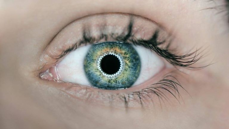 closeup of an eye with a laser reflection ringed around the pupil